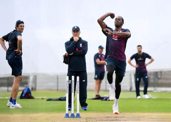 Jofra Archer has been providing a tough test for England’s batsmen in the nets at Old Trafford. Picture: Gareth Copley/Pool/PA Wire