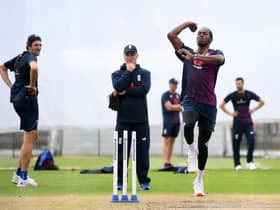 Jofra Archer has been providing a tough test for England’s batsmen in the nets at Old Trafford. Picture: Gareth Copley/Pool/PA Wire