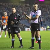 Referee Marius Mitrea and his assistants consult the TMO during Edinburgh’s match against Connacht at BT Murrayfield in February. Picture: SNS/SRU.