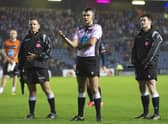 Referee Marius Mitrea and his assistants consult the TMO during Edinburgh’s match against Connacht at BT Murrayfield in February. Picture: SNS/SRU.