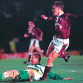 David Hagen scores a late winner for Hearts against Celtic at Hampden Park in 1995.