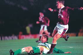 David Hagen scores a late winner for Hearts against Celtic at Hampden Park in 1995.