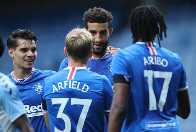 Connor Goldson is congratulated by his team-mates after scoring Rangers' second goal against Coventry City at Ibrox. Picture: Ian MacNicol/Getty Images