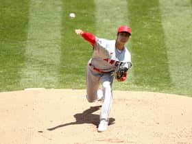 Shohei Ohtani of the Los Angeles Angels pitches against the Oakland Athletics on Sunday. He has a rare skillset of being able to both pitch and bat to a very high standard. Picture: Ezra Shaw/Getty Images