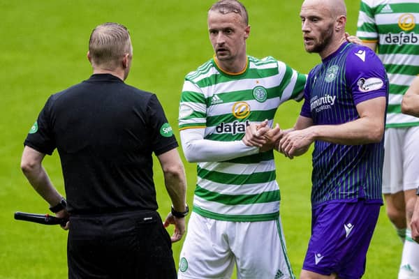Leigh Griffiths shakes hands with David Gray following Celtic's 3-1 friendly win over Hibs at Parkhead. Picture: SNS