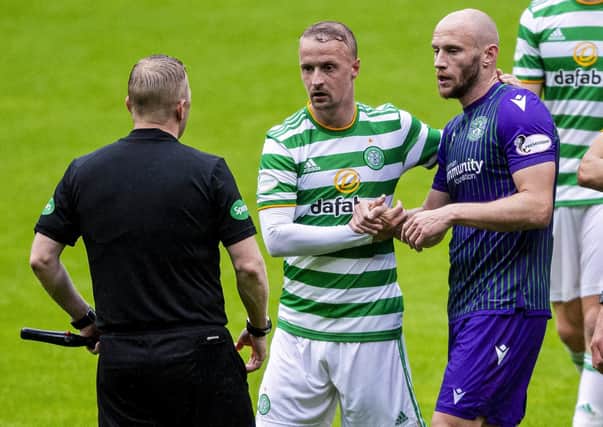 Leigh Griffiths shakes hands with David Gray following Celtic's 3-1 friendly win over Hibs at Parkhead. Picture: SNS