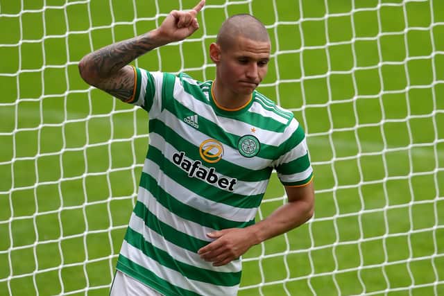 Celtic's Patryk Klimala celebrates scoring his side's third goal against Hibs in the pre-season friendly at Celtic Park. Picture: Andrew Milligan/PA Wire.