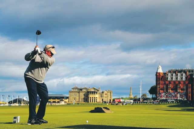 ST ANDREWS, SCOTLAND - OCTOBER 05:  Johann Rupert, Businessman tees off on the 18th during day one of the 2017 Alfred Dunhill Championship at The Old Course on October 5, 2017 in St Andrews, Scotland.  (Photo by Richard Heathcote/Getty Images)
