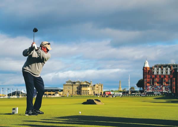 ST ANDREWS, SCOTLAND - OCTOBER 05: Johann Rupert, Businessman tees off on the 18th during day one of the 2017 Alfred Dunhill Championship at The Old Course on October 5, 2017 in St Andrews, Scotland. (Photo by Richard Heathcote/Getty Images)