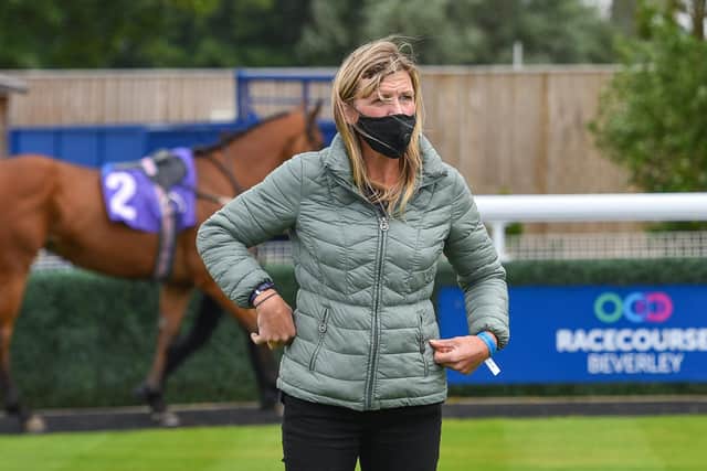 Trainer Rebecca Bastiman saddles Royal Brave at Musselburgh. Picture: Hannah Ali/PA