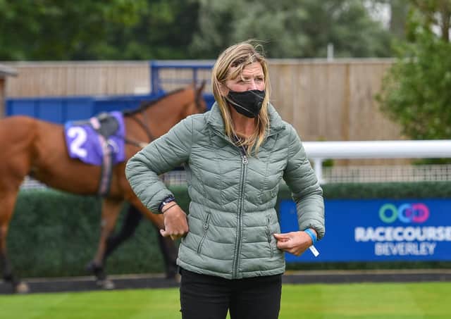 Trainer Rebecca Bastiman saddles Royal Brave at Musselburgh. Picture: Hannah Ali/PA