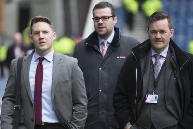 Pundit Andy Walker ahead of an Old Firm fixture in 2018 with Sky colleagues Kris Commons, left, and Luke Shanley, centre. Picture: PA