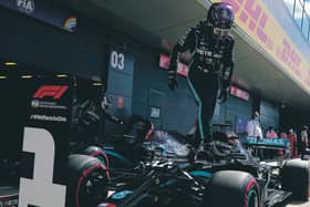 Lewis Hamilton took pole position for the British Grand Prix in his Mercedes. Picture: Will Oliver/Pool via AP