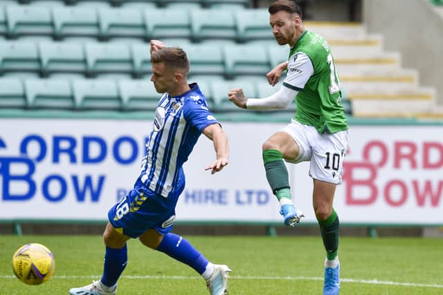 Martin Boyle scores his second goal in Hibs' victory over Kilmarnock. Picture: SNS.