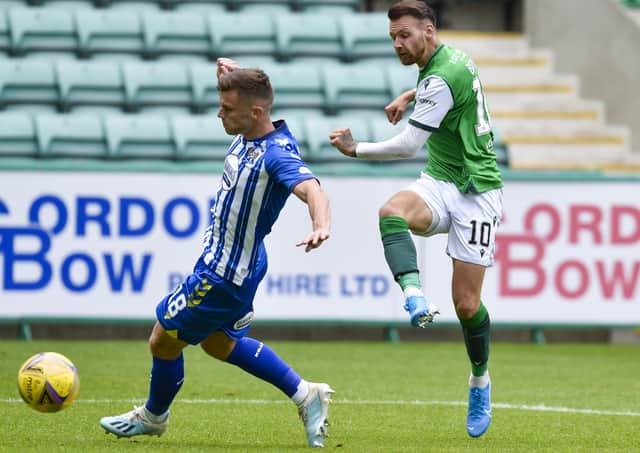 Martin Boyle scores his second goal in Hibs' victory over Kilmarnock. Picture: SNS.