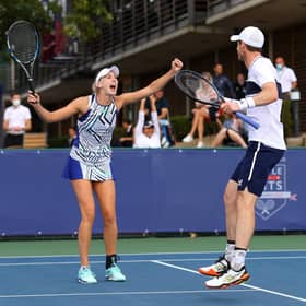 Andy Murray and partner Naomi Broady celebrate during their mixed doubles win over Emma Raducanu and Kyle Edmund. Picture: Getty.
