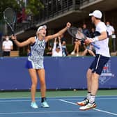 Andy Murray and partner Naomi Broady celebrate during their mixed doubles win over Emma Raducanu and Kyle Edmund. Picture: Getty.