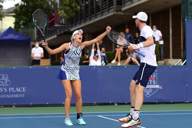 Andy Murray and partner Naomi Broady celebrate during their mixed doubles win over Emma Raducanu and Kyle Edmund. Picture: Getty.