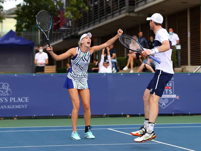 Andy Murray and partner Naomi Broady celebrate during their mixed doubles win over Emma Raducanu and Kyle Edmund. Picture: Getty.