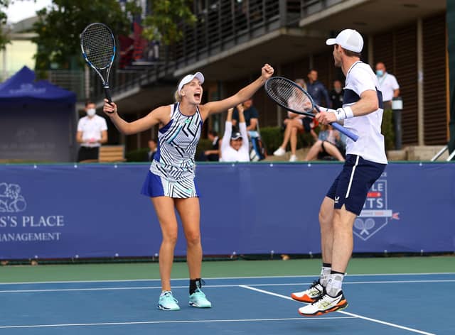 Andy Murray and partner Naomi Broady celebrate during their mixed doubles win over Emma Raducanu and Kyle Edmund. Picture: Getty.