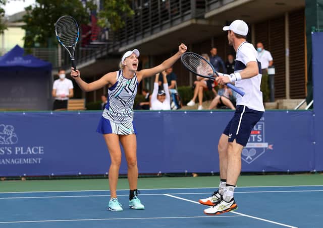 Andy Murray and partner Naomi Broady celebrate during their mixed doubles win over Emma Raducanu and Kyle Edmund. Picture: Getty.