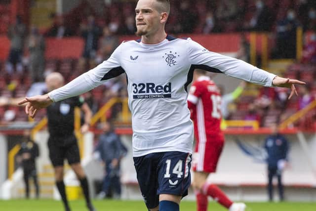 Ryan Kent celebrates the only goal of the game in Saturday’s league win against Aberdeen. Picture: Craig Williamson/SNS