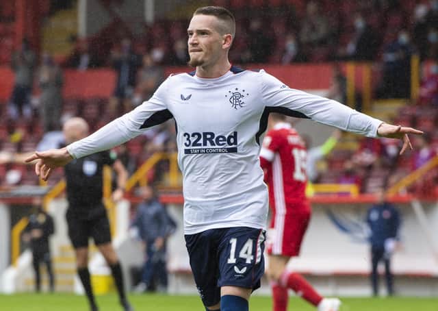 Ryan Kent celebrates the only goal of the game in Saturday’s league win against Aberdeen. Picture: Craig Williamson/SNS