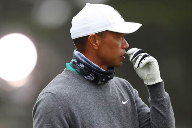 Tiger Woods looks pensive as he studies a shot during yesterday’s practice round ahead of this week’s US PGA Championship in San Francisco. Picture: Getty