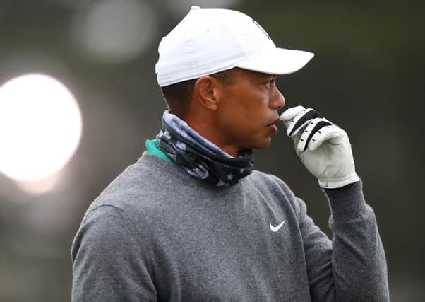 Tiger Woods looks pensive as he studies a shot during yesterday’s practice round ahead of this week’s US PGA Championship in San Francisco. Picture: Getty