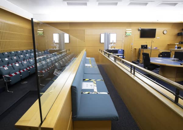 Social distancing and safety measures inside court one at the High Court in Edinburgh as Scotland. Picture: Jane Barlow/PA Wire