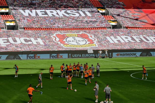 Rangers training in the Bay Arena ahead of the Bayer Leverkusen match. Picture: AFP via Getty Images