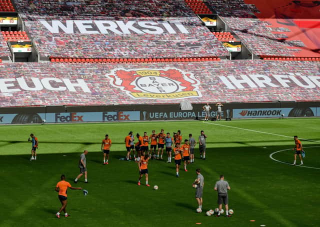 Rangers training in the Bay Arena ahead of the Bayer Leverkusen match. Picture: AFP via Getty Images