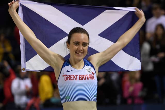 Laura Muir, posing with a Saltire after winning the 1,000m at the Muller Indoor Grand Prix in Glasgow in February, has gained from training alongside Jemma Reekie during lockdown. Picture: AFP/Getty