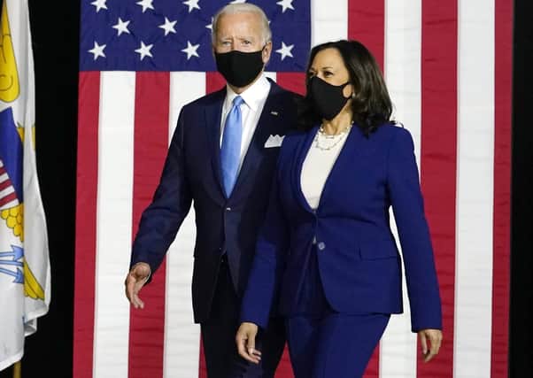 Democratic presidential candidate Joe Biden and running mate Kamala Harris make their first campaign appearance together at a news conference in Wilmington, Delaware. (Picture: AP Photo/Carolyn Kaster)