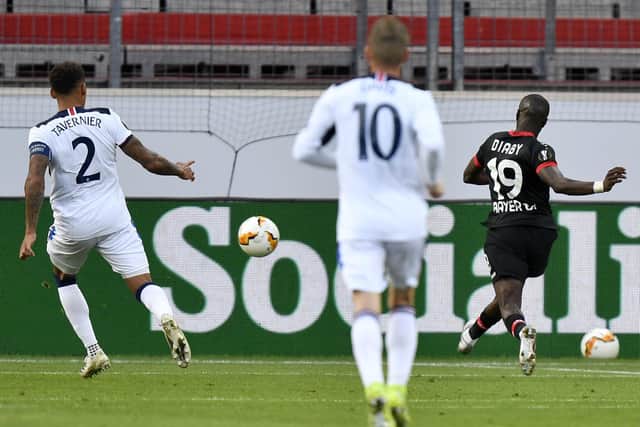 Bayer Leverkusen's Moussa Diaby scores against Rangers. Picture: Martin Meissner/Getty Images