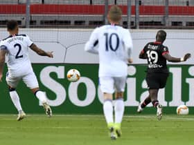 Bayer Leverkusen's Moussa Diaby scores against Rangers.  Picture: Martin Meissner/Getty Images