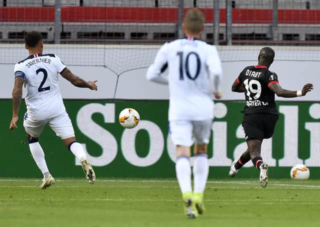 Bayer Leverkusen's Moussa Diaby scores against Rangers. Picture: Martin Meissner/Getty Images