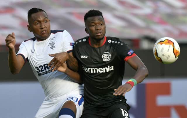 Alfredo Morelos vies with Edmond Tapsoba during Rangers' defeat by Bayer Leverkusen at the Bay Arena. Picture: Sascha Schuermann/Pool via Getty Images