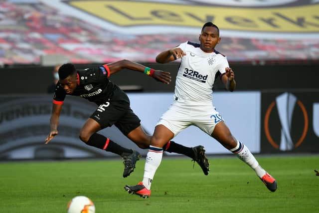 Alfredo Morelos struggled as Rangers lost 1-0 to Bayer Leverkusen in Germany to exit the Europa League at the last-16 stage. Picture: AFP/Getty