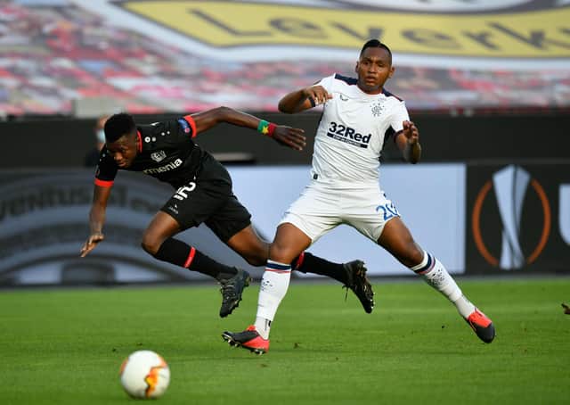 Alfredo Morelos struggled as Rangers lost 1-0 to Bayer Leverkusen in Germany to exit the Europa League at the last-16 stage. Picture: AFP/Getty