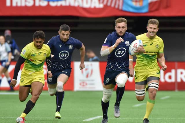 Scotland’s Tom Brown breaks away to score a try against Australia during the Vancouver leg of the World Sevens Series in March. It may be the last tournament for some time on the abbreviated game’s international circuit. Picture: Don MacKinnon/AFP via Getty Images