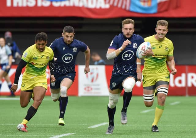 Scotland’s Tom Brown breaks away to score a try against Australia during the Vancouver leg of the World Sevens Series in March. It may be the last tournament for some time on the abbreviated game’s international circuit. Picture: Don MacKinnon/AFP via Getty Images