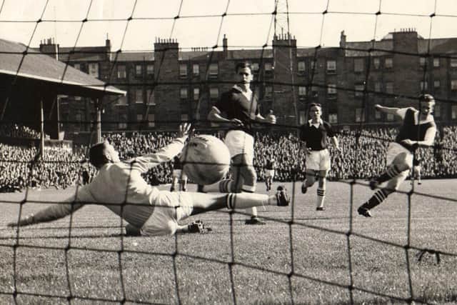 Brian Marjoribanks scoring on his Hibs debut in a 1961 Edinburgh derby against Hearts at Tynecastle.