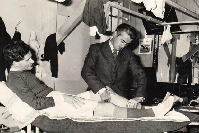 Brian Marjoribanks' acting debut, playing a footballer with a bone disease in Dr Finlay’s Casebook. In front of an audience of 12 million, he’s tended by Dr Finlay, Bill Simpson.