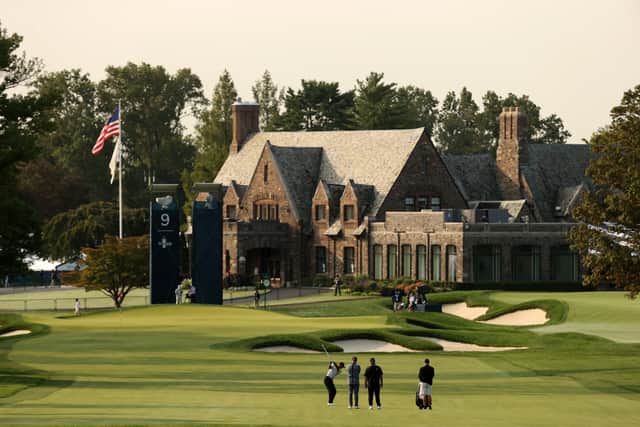 Tiger Woods plays an approach shot on the ninth hole during practice  ahead of the US Open at Winged Foot