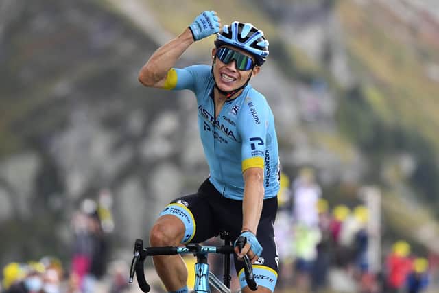 Colombia's Miguel Angel Lopez celebrates as he crosses the finish line to win stage 17 of the Tour de France from Grenoble to Col de la Loze. Picture: Stuart Franklin/Pool via AP