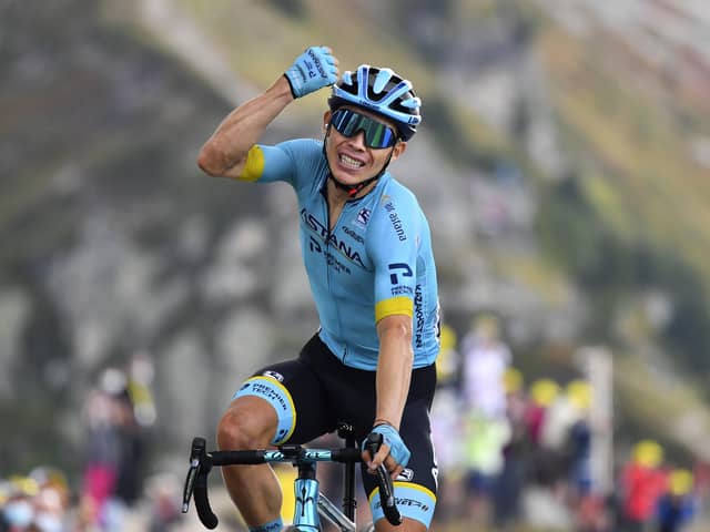 Colombia's Miguel Angel Lopez celebrates as he crosses the finish line to win stage 17 of the Tour de France from Grenoble to Col de la Loze. Picture: Stuart Franklin/Pool via AP