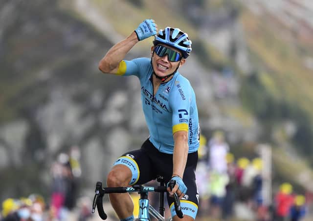 Colombia's Miguel Angel Lopez celebrates as he crosses the finish line to win stage 17 of the Tour de France from Grenoble to Col de la Loze. Picture: Stuart Franklin/Pool via AP