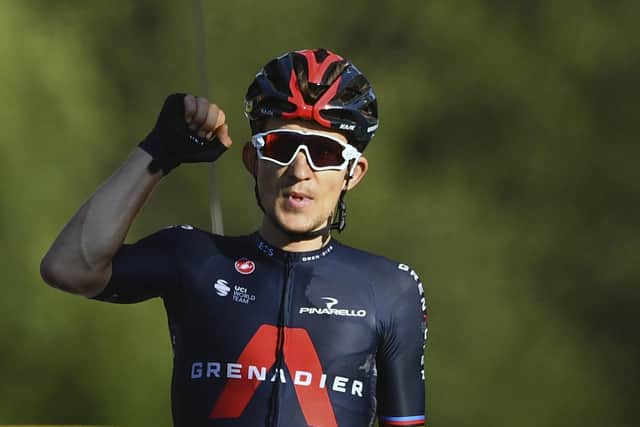 Michal Kwiatkowski raises his fist in triumph. Picture: Stuart Franklin/AP