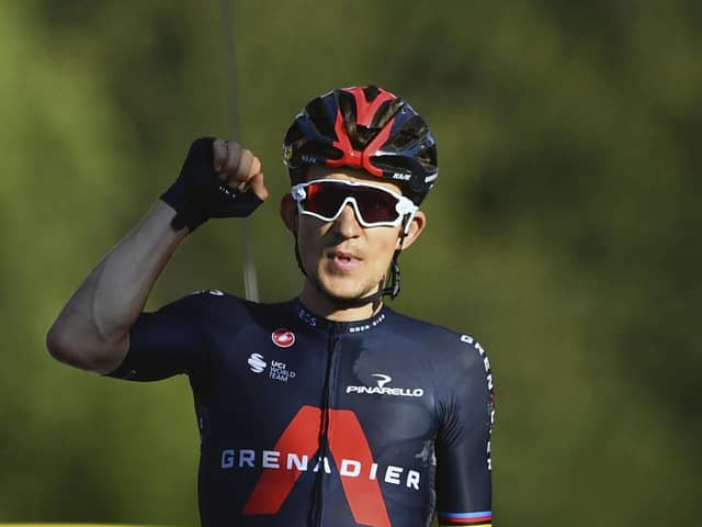 Michal Kwiatkowski raises his fist in triumph. Picture: Stuart Franklin/AP
